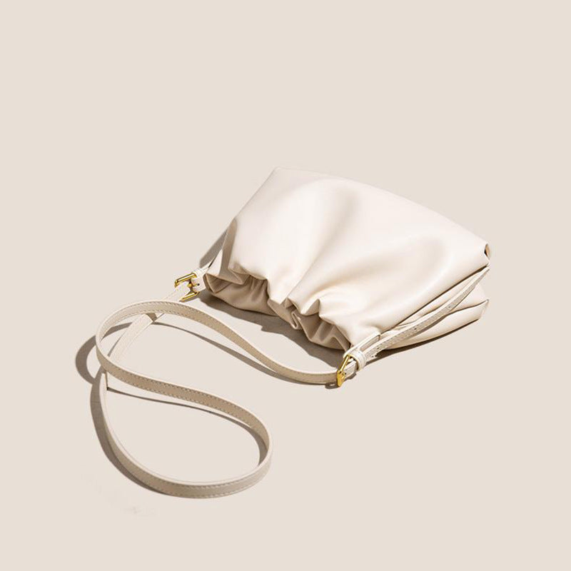 Women's Genuine Leather Ruched Cloud Clutch Bag with Detachable Strap