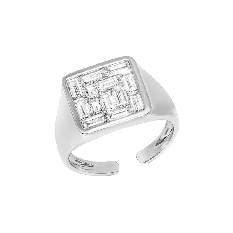 “Crystal Frame” S925 Sterling Silver Open Adjustable Rectangular Zircon Ring