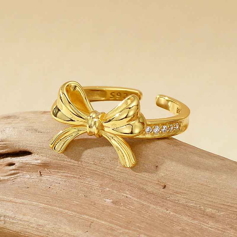 925 Sterling Silver Grace Bow Pavé Ribbon Ring Gold Platinum Plated