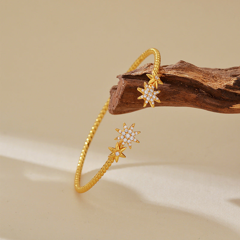 “Starlight Twist” S925 Sterling Silver Eight-Point Star Zircon Cuff Bracelet