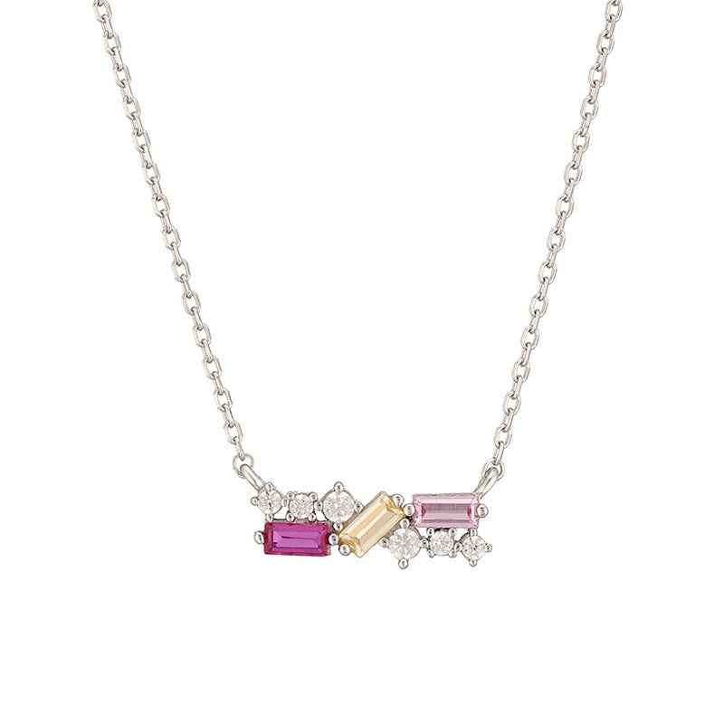 Trilume Bar Multicolor Zircon Horizontal Necklace 925 Sterling Silver