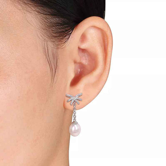 925 Sterling Silver Ribbon Pearl Bow Pavé Zircon Drop Earrings Gold White Gold