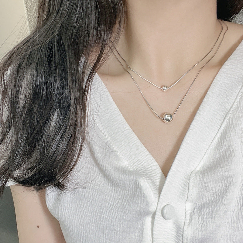 S925 Sterling Silver Silver Spheres Layered Necklace Double Chain Bead Design