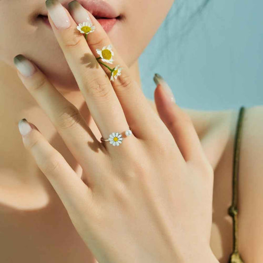 Daisy Glow Flower Pearl Adjustable Open Ring 925 Sterling Silver