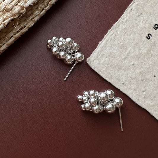 S925 Sterling Silver Silver Grape Melody Earrings Cluster Bead Stud Earrings