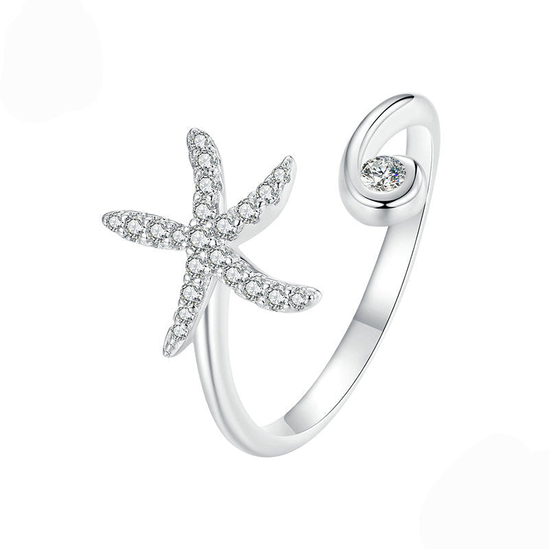 Starlit Tide S925 Sterling Silver Starfish Pavé Open Ring