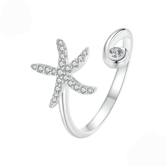 Starlit Tide S925 Sterling Silver Starfish Pavé Open Ring