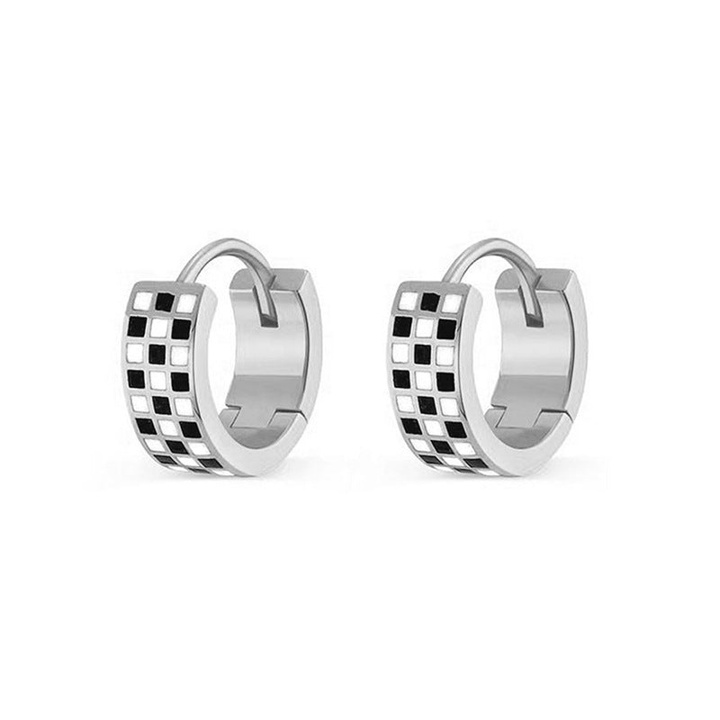 “Checkerboard Muse” S925 Sterling Silver Enamel Checkerboard Hoop Earrings