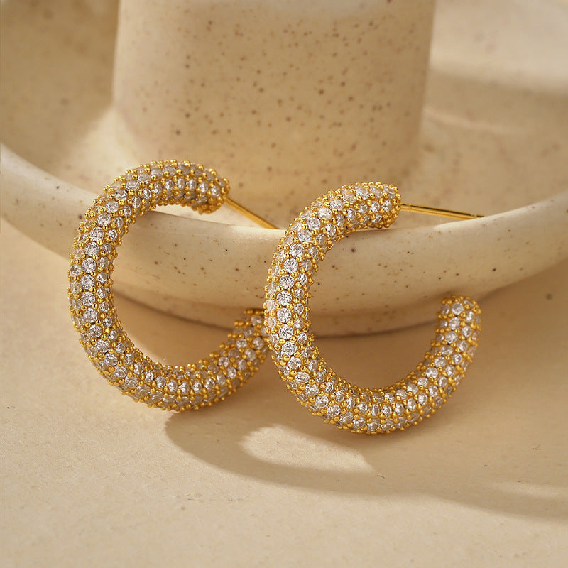 “Ciel Luxe” S925 Sterling Silver Zircon Pavé C-Hoop Earrings
