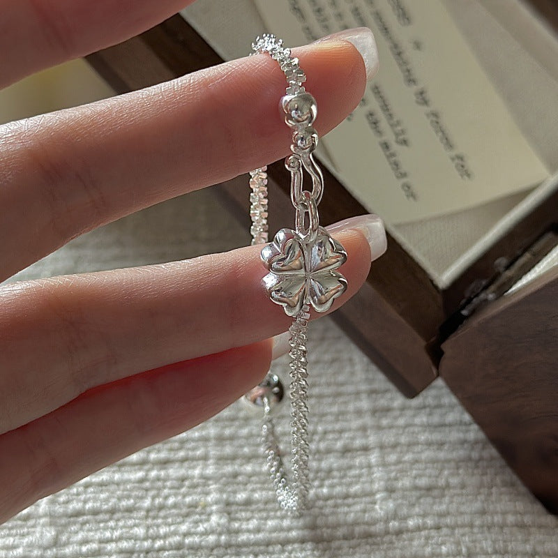 S925 Sterling Silver Lucky Gleam Four Leaf Clover Bracelet Textured Charm Jewelry