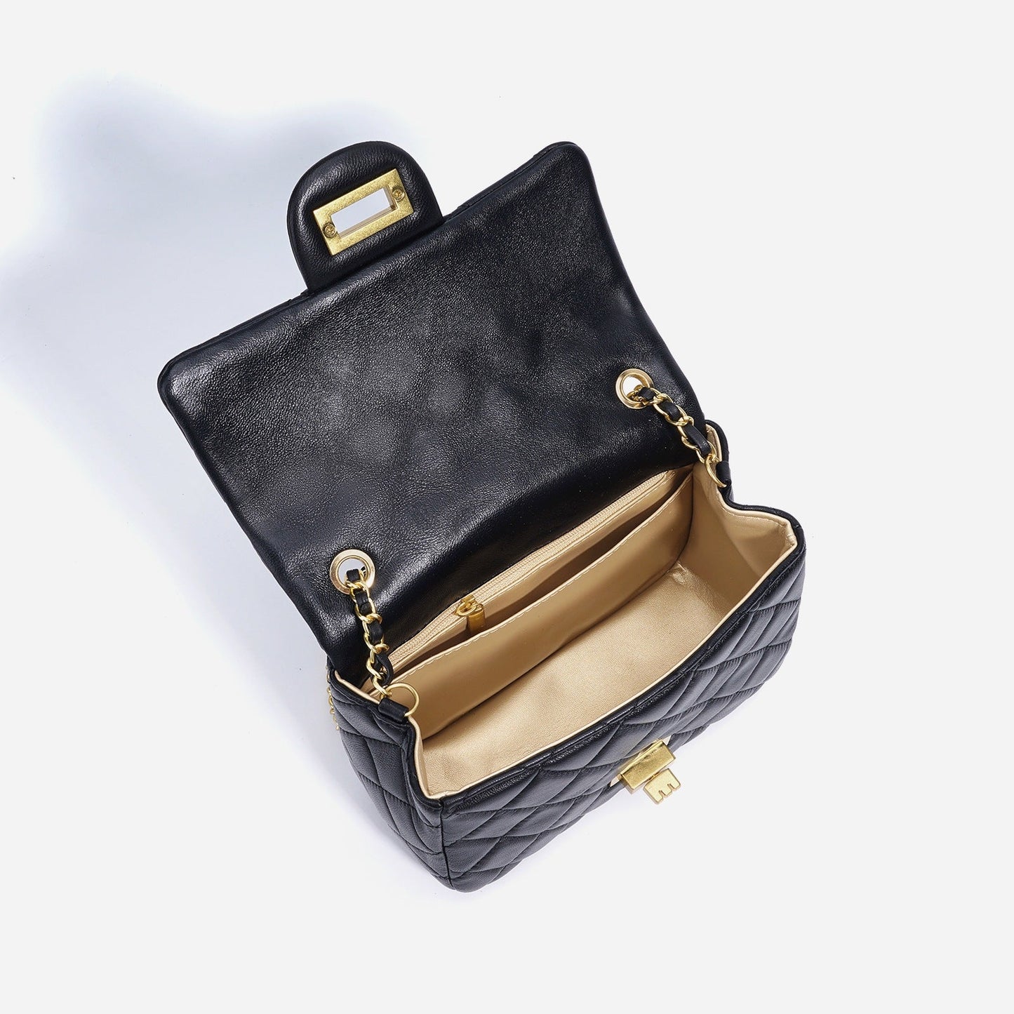 Women's Quilted Sheepskin Flap Bag with Golden Ball Chain