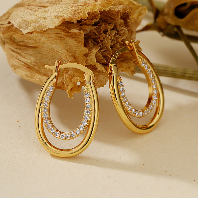 Modern Double Arc Pavé Huggie Earrings Sterling Silver Sculpted Hoop Design