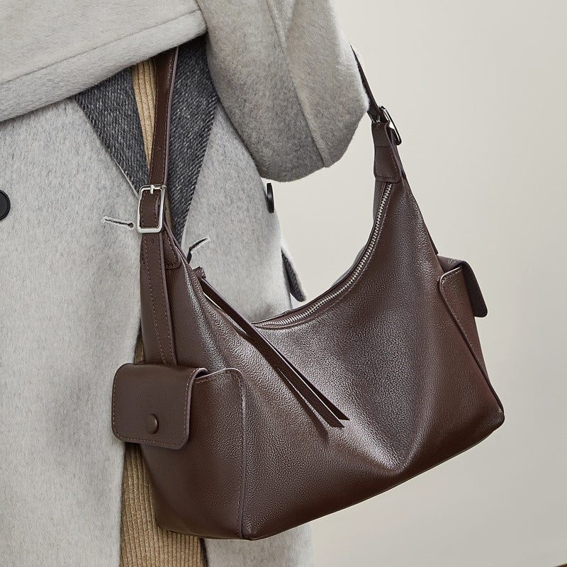 Women's Full-Grain Vegetable-Tanned Leather Tote Bag with Side Pockets