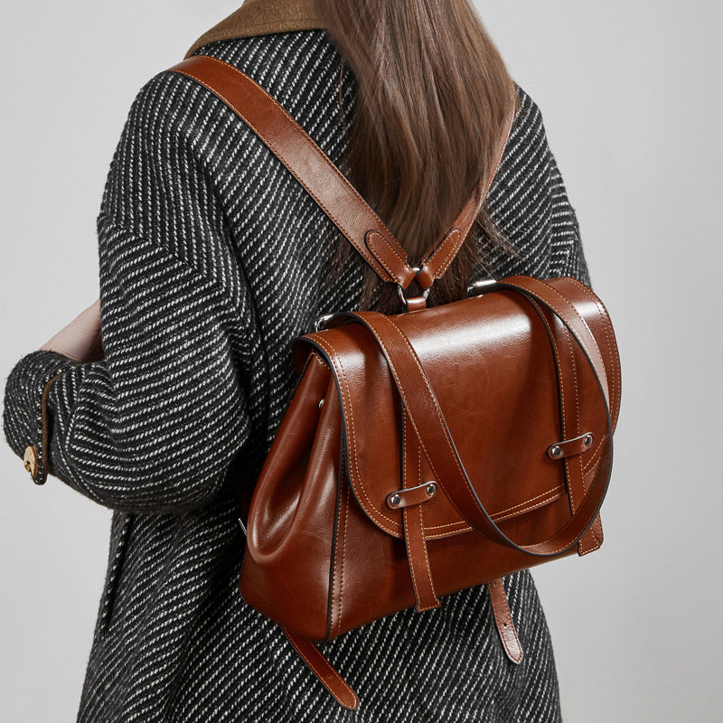 Women's Oil-Waxed Cowhide Convertible Flap Backpack