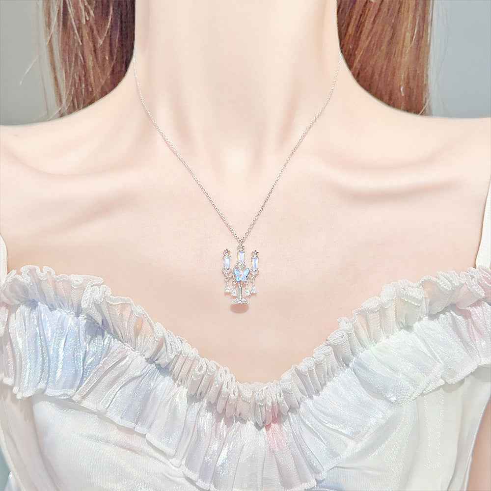 Luminous Candelabra Moonstone Butterfly Tassel Necklace 925 Sterling Silver