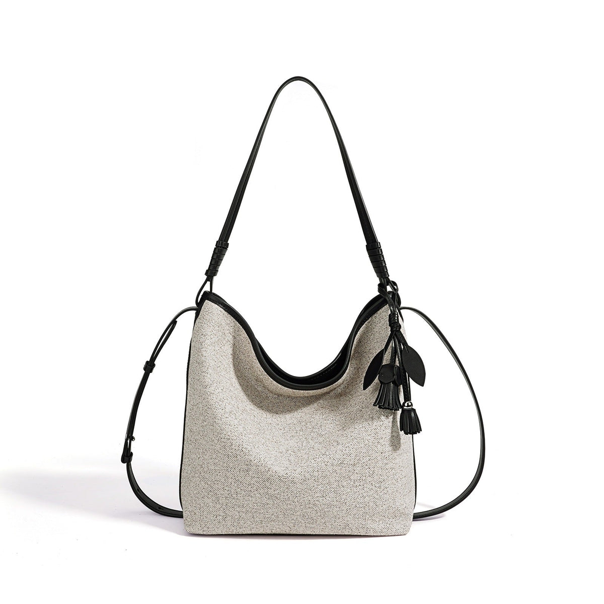 Women's Canvas Bucket Bag with Leather Trim and Tassel Charm