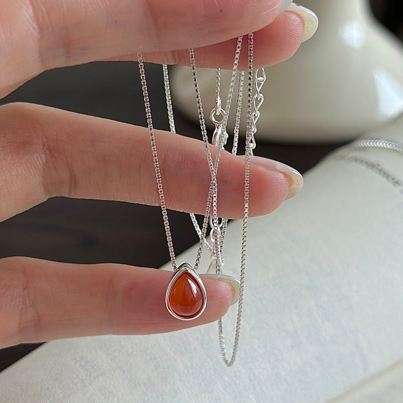 “Crimson Drop” S925 Sterling Silver Minimalist Teardrop Necklace