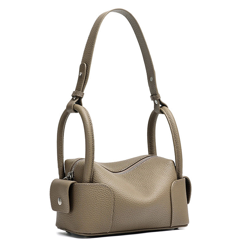 Women's Pebbled Cowhide Mini Boston Bag with Adjustable Strap