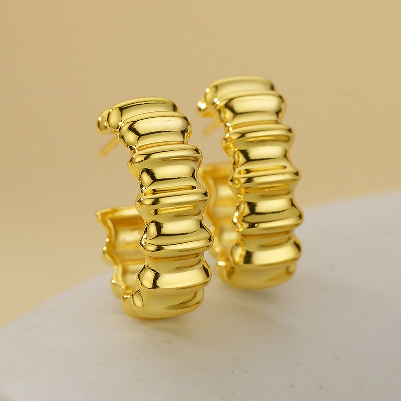 “Crescent Fold” S925 Sterling Silver Irregular Textured C-Hoop Stud Earrings