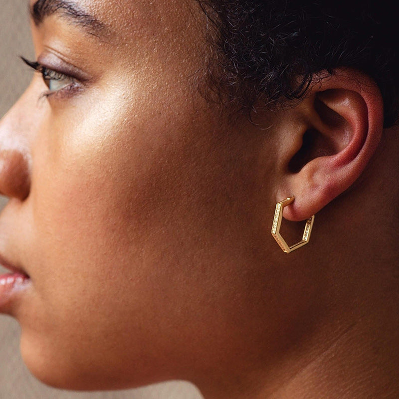 “Hexa Glow” S925 Sterling Silver Hexagon Hoop Earrings with Sparkling Accents