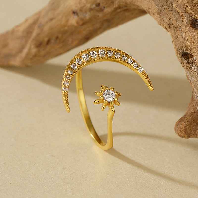 Starlit Embrace Moon Star Adjustable Ring 925 Sterling Silver