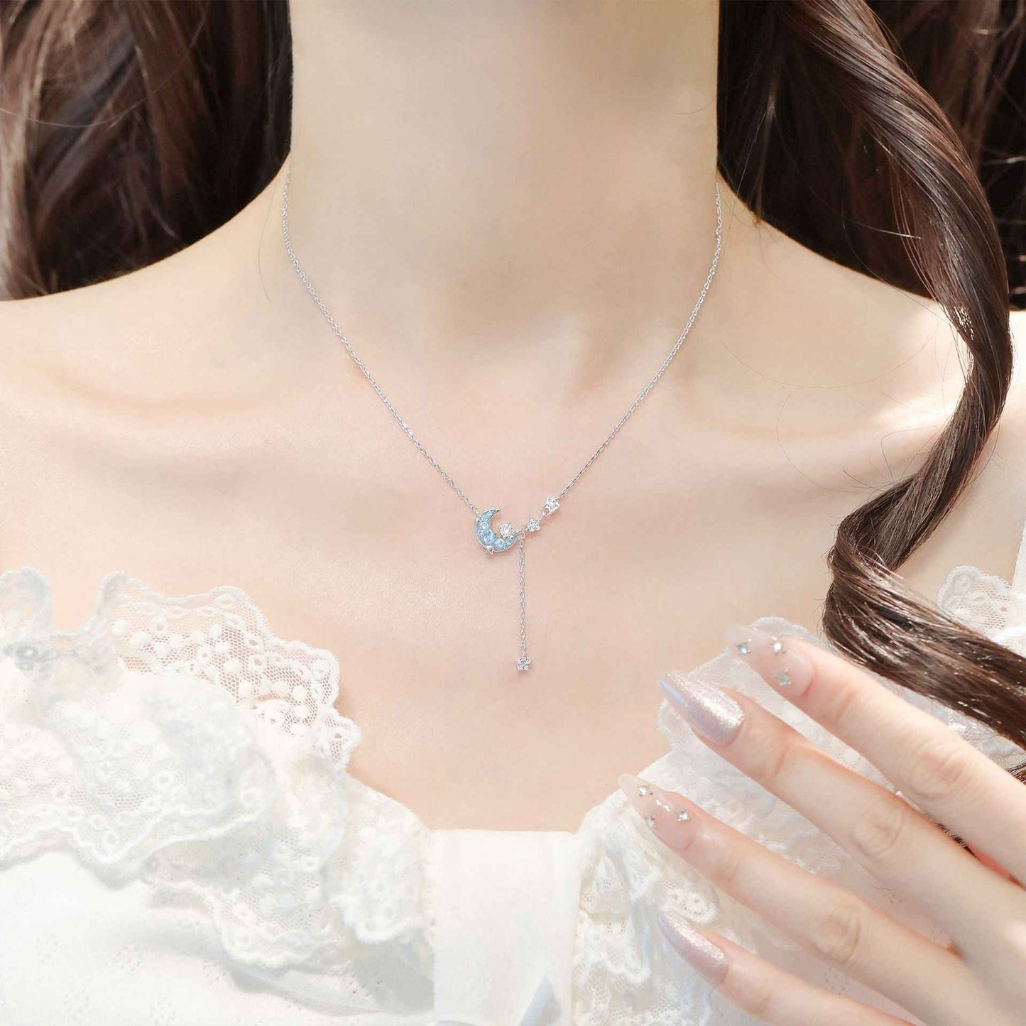 Moonlit Aurora S925 Sterling Silver Crescent Moon & Blue Zircon Tassel Necklace Bracelet Set