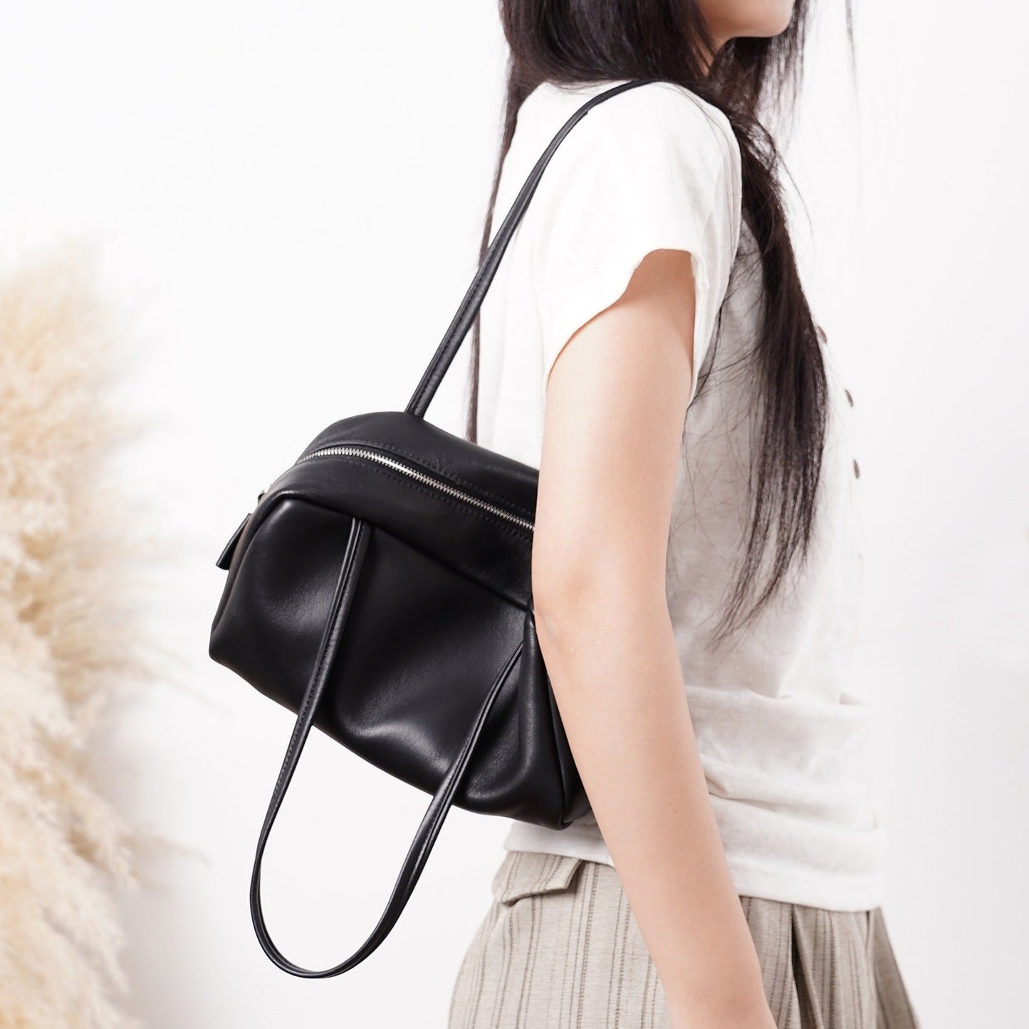 Women's Genuine Sheepskin Bowling Bag with Double Zipper