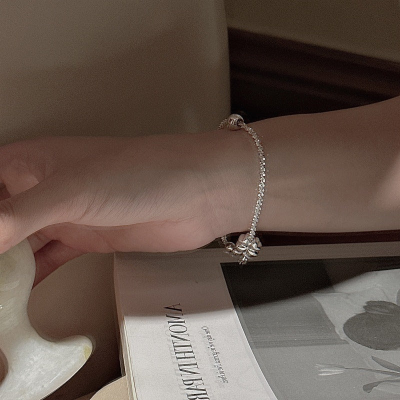 S925 Sterling Silver Lucky Gleam Four Leaf Clover Bracelet Textured Charm Jewelry
