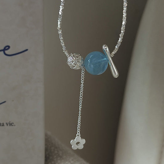 S925 Sterling Silver Ocean Bloom Necklace Aquamarine Zircon Flower Beaded Chain