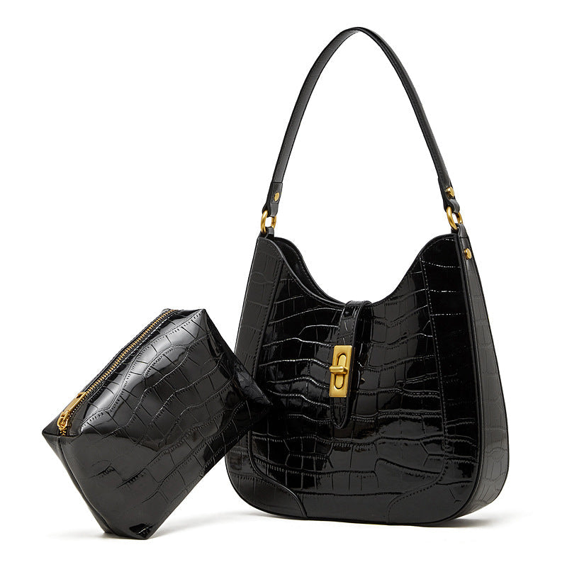 Women's Croc-Embossed Genuine Leather Hobo Bag with Detachable Pouch