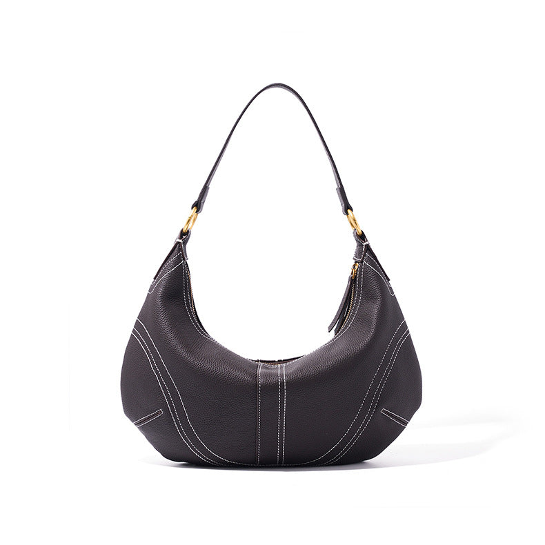 Women's Pebbled Cowhide Curved Hobo Bag with Contrast Stitching