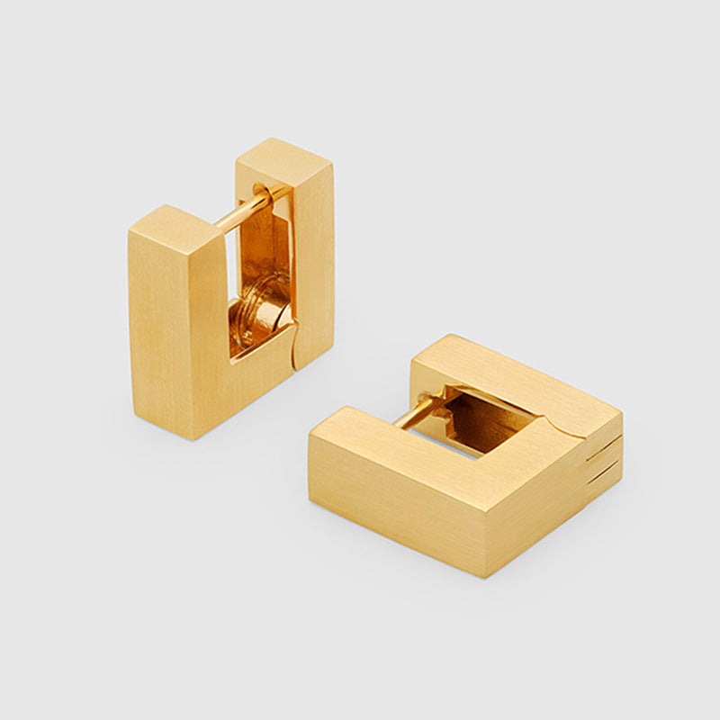 “Architectural Cube” S925 Sterling Silver Sculptural Square Hoop Earrings