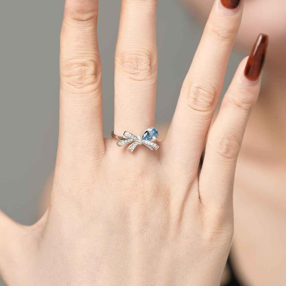 925 Sterling Silver Sweet Bowdrop Ring Teardrop Zircon Bow Ring