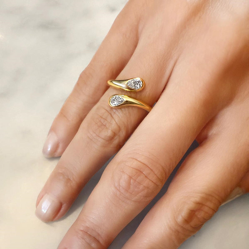 “Double Teardrop” S925 Sterling Silver Open Adjustable Zircon Ring