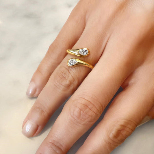 “Double Teardrop” S925 Sterling Silver Open Adjustable Zircon Ring