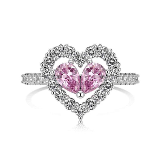 925 Sterling Silver Pink Double-Heart Halo Ring – Twin Blush Halo