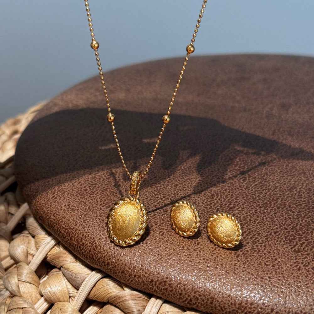 925 Sterling Silver Golden Weave Brushed Oval Necklace & Stud Earring Set