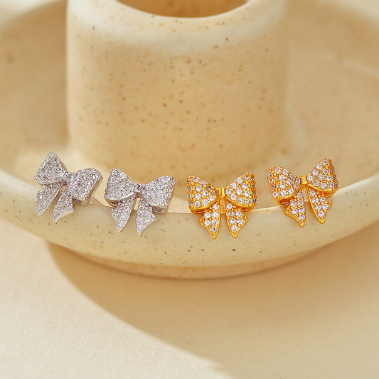 “Bow Belle Spark” S925 Sterling Silver Zircon Bow Stud Earrings