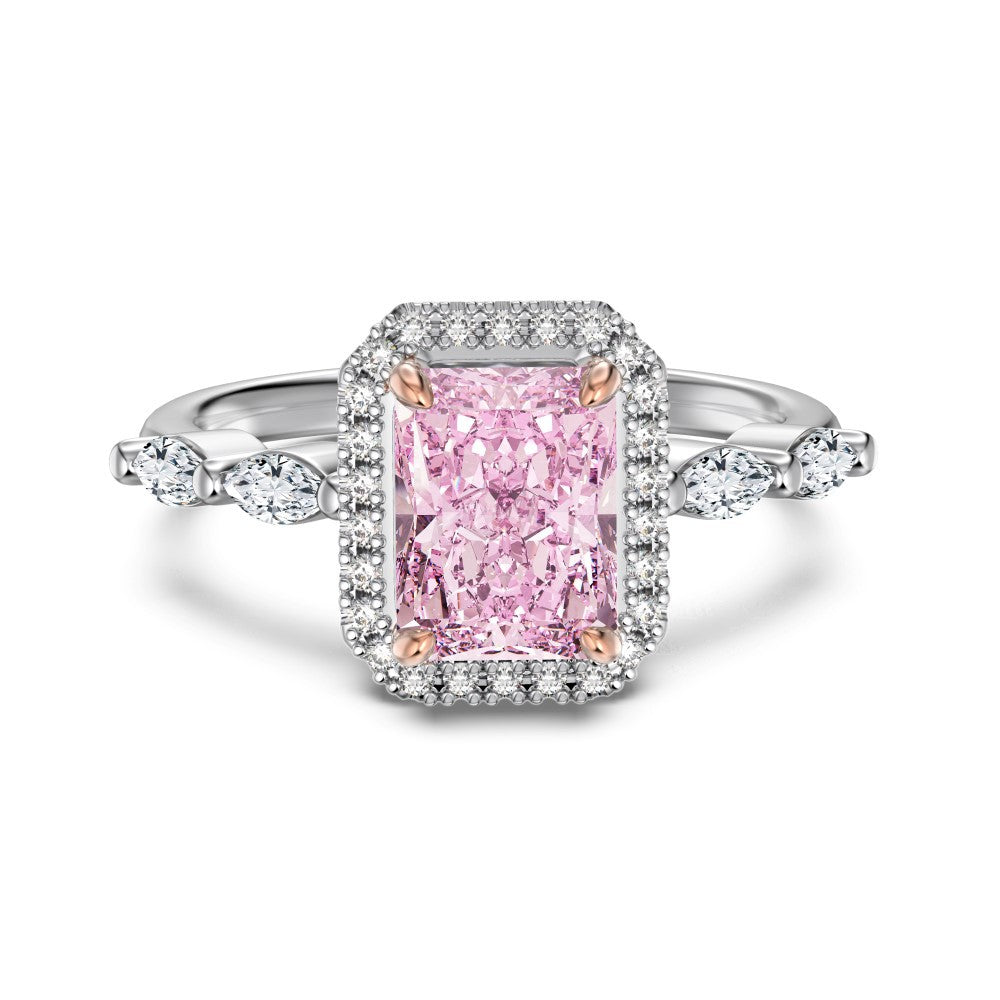 S925 Sterling Silver Frost Cube Ring Ice Flower Square Cut Zircon Ring White Pink