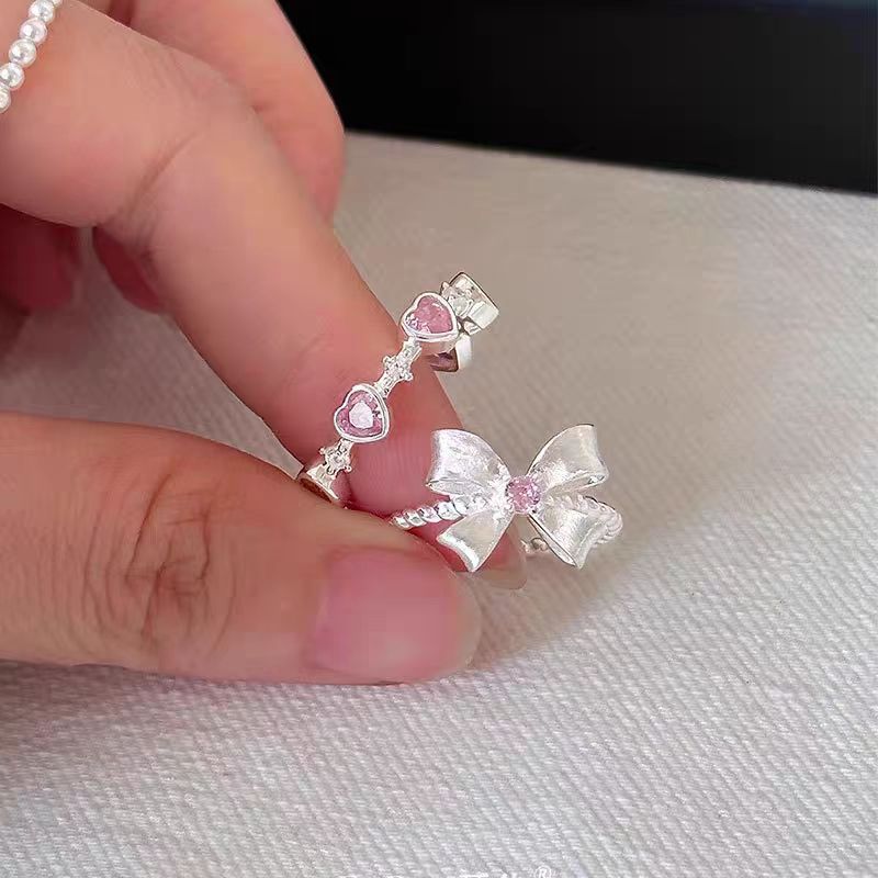 925 Sterling Silver Sweet Charm Ring Pink Zircon Bow Heart Adjustable Ring