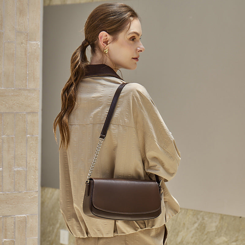 Women's Soft Cowhide Baguette Saddle Bag with Chain Strap