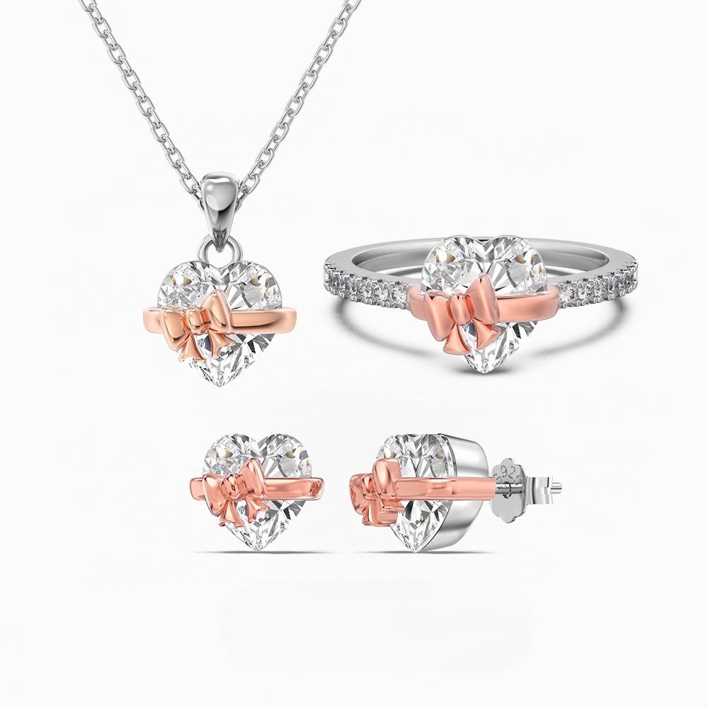 “Heart Bow” S925 Sterling Silver Zircon Necklace, Ring & Stud Earrings Set