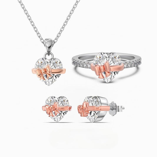 “Heart Bow” S925 Sterling Silver Zircon Necklace, Ring & Stud Earrings Set