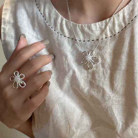 S925 Sterling Silver Floral Shine Jewelry Set Necklace Ring Earrings