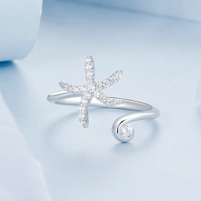 Starlit Tide S925 Sterling Silver Starfish Pavé Open Ring