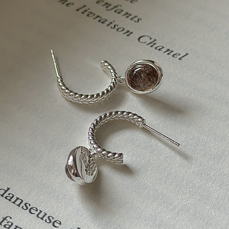 925 Sterling Silver Autumn Aura Earrings Oval Rutilated Quartz Vintage Stud Earrings