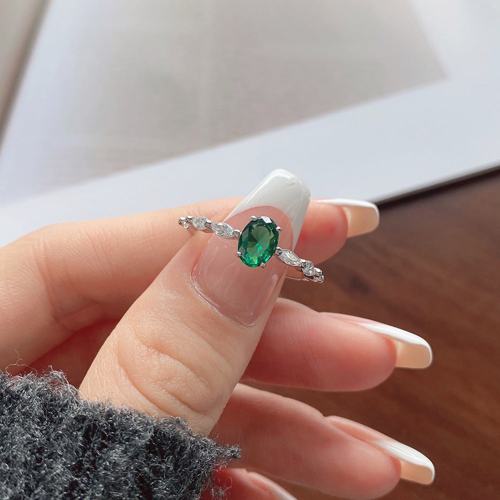 Verdant Promise Oval Green Zircon Engagement Ring in S925 Sterling Silver