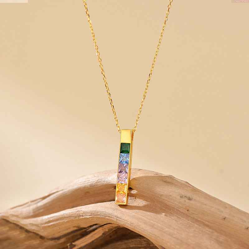 Prism Column Rainbow Zircon Bar Necklace 925 Sterling Silver Pendant