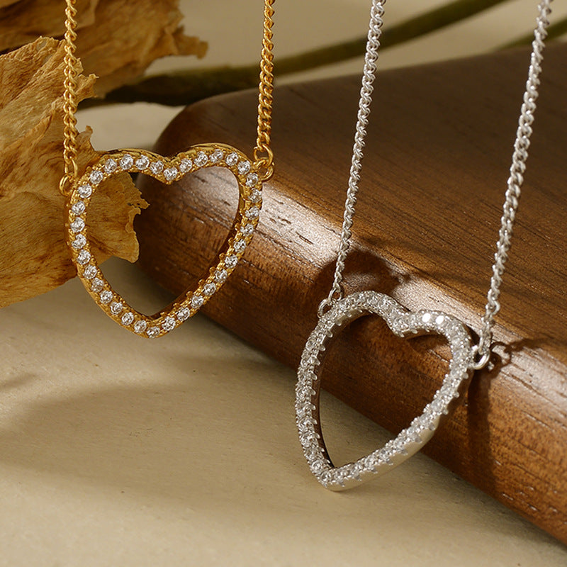 “Hollow Heart” S925 Sterling Silver Zircon Heart Pendant Necklace