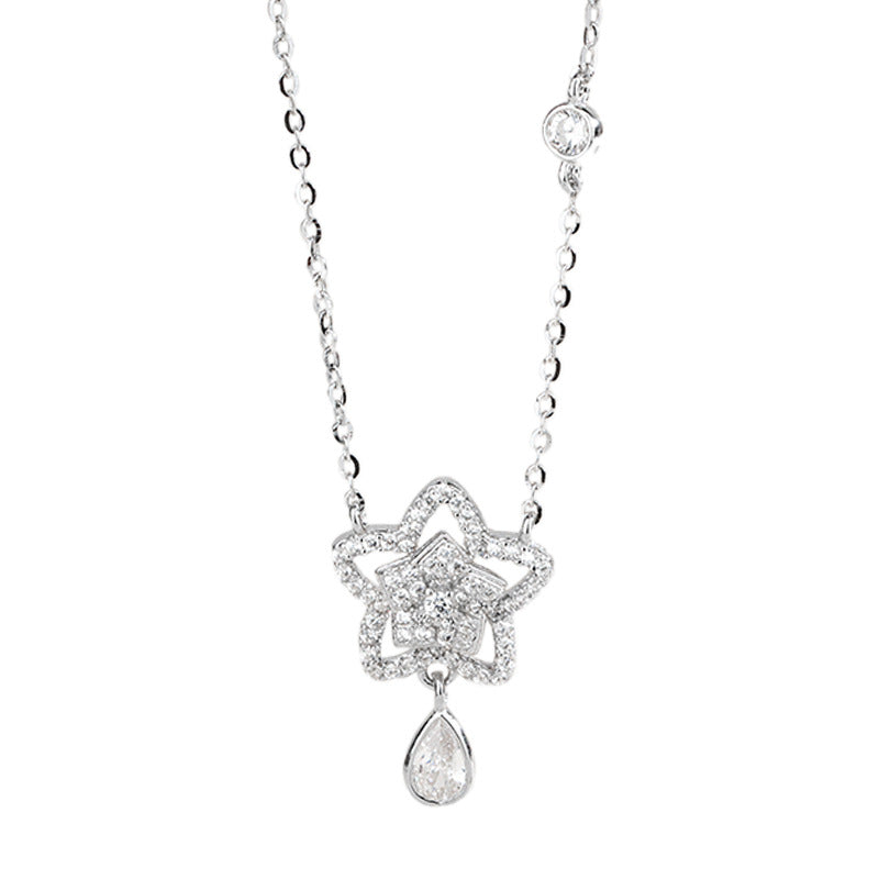 Starlit Dew Star Pendant Necklace with Teardrop Zircon in S925 Sterling Silver